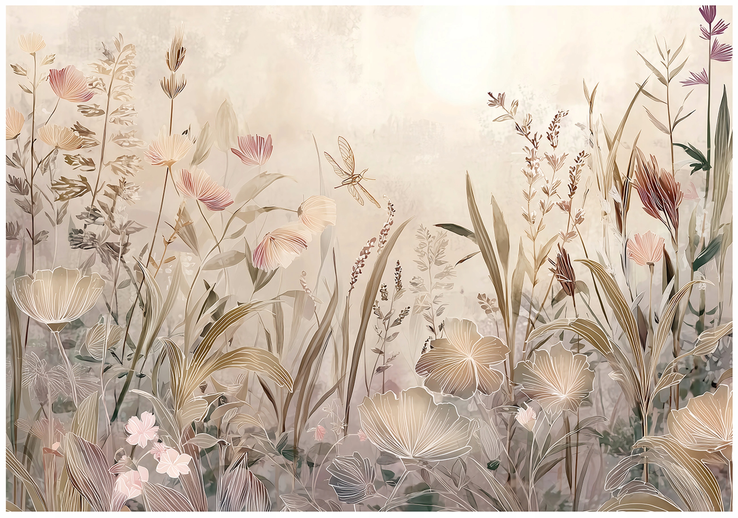 Nature meadow flowers boho concrete wall mural for bedroom or living room