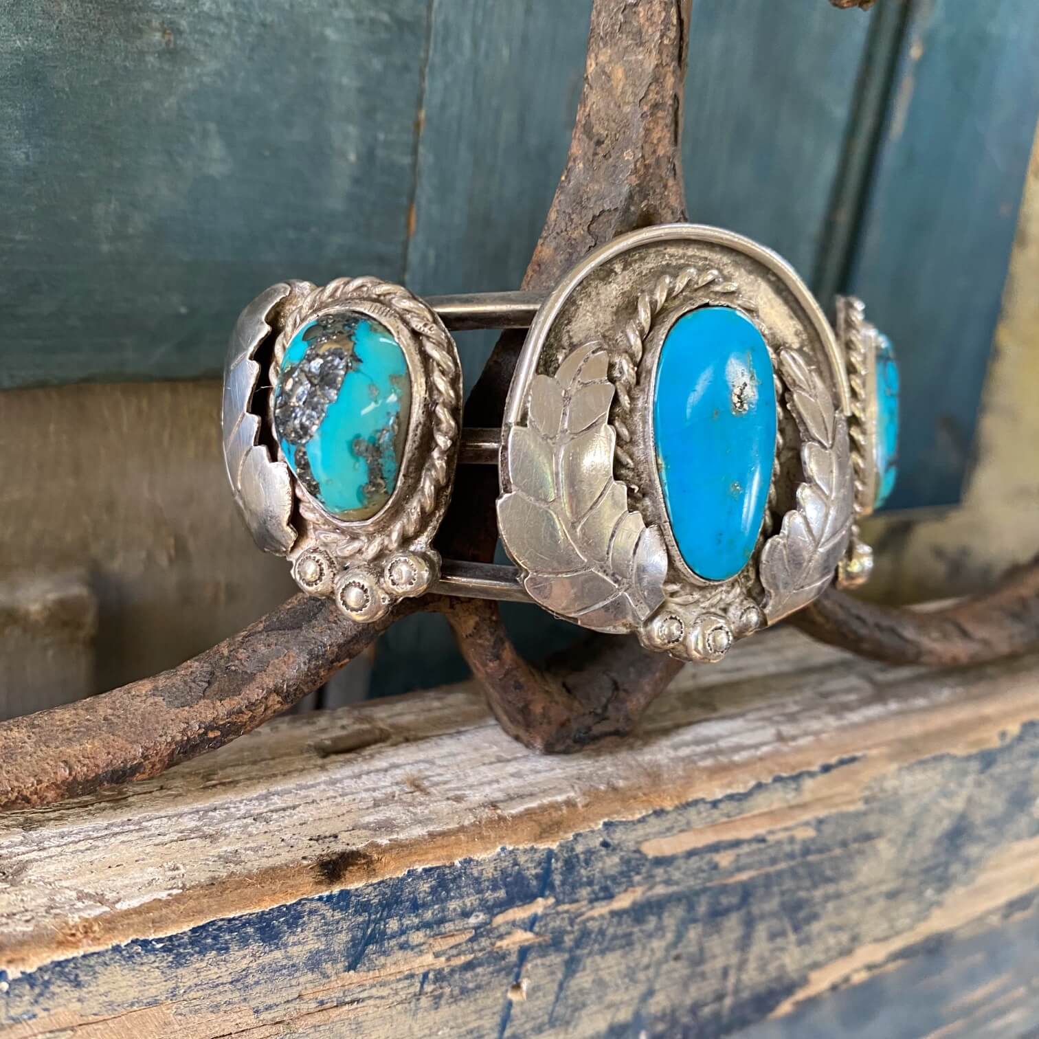 1950s Navajo Sterling Silver Cuff with Turquoise Huge Pyrite Inclusions