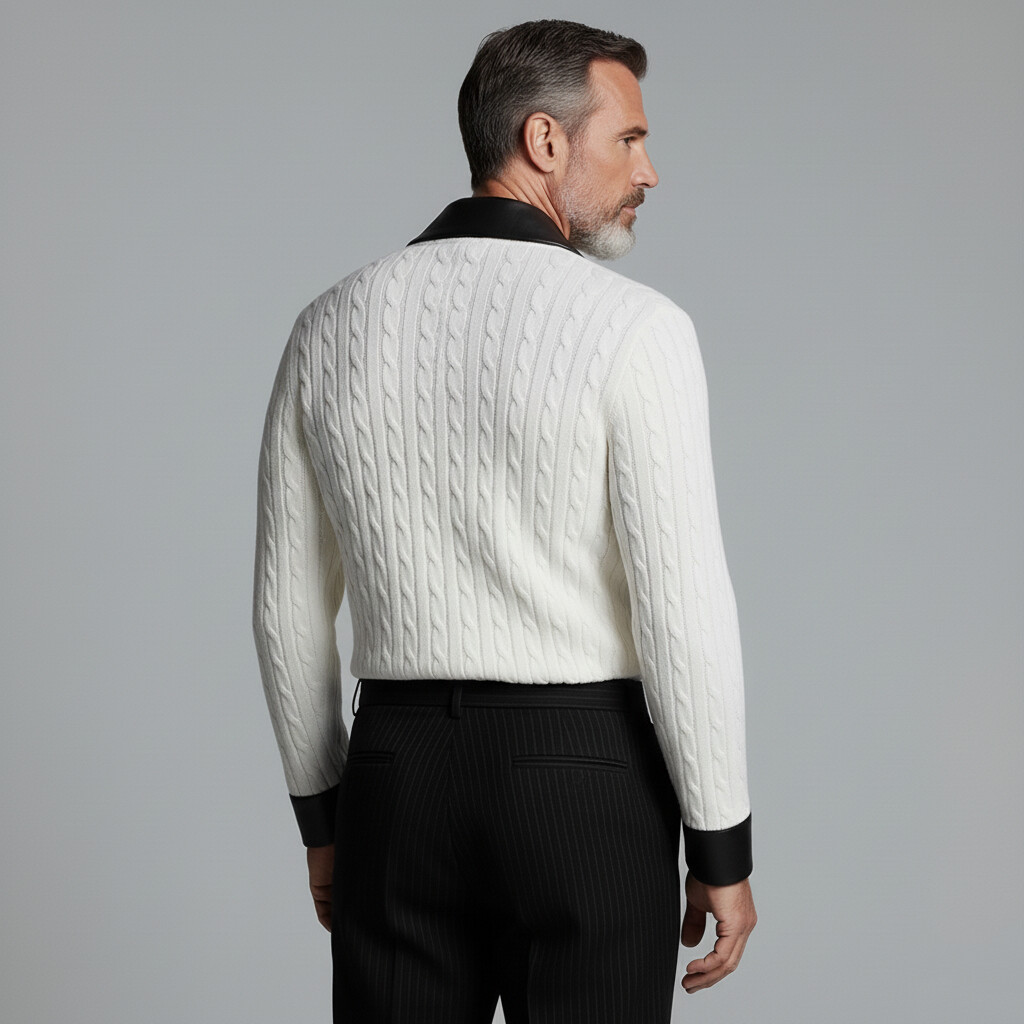 Men's White PU Leather Trim Shawl Lapel Two Button Long Sleeve Cable Knit Cardigan