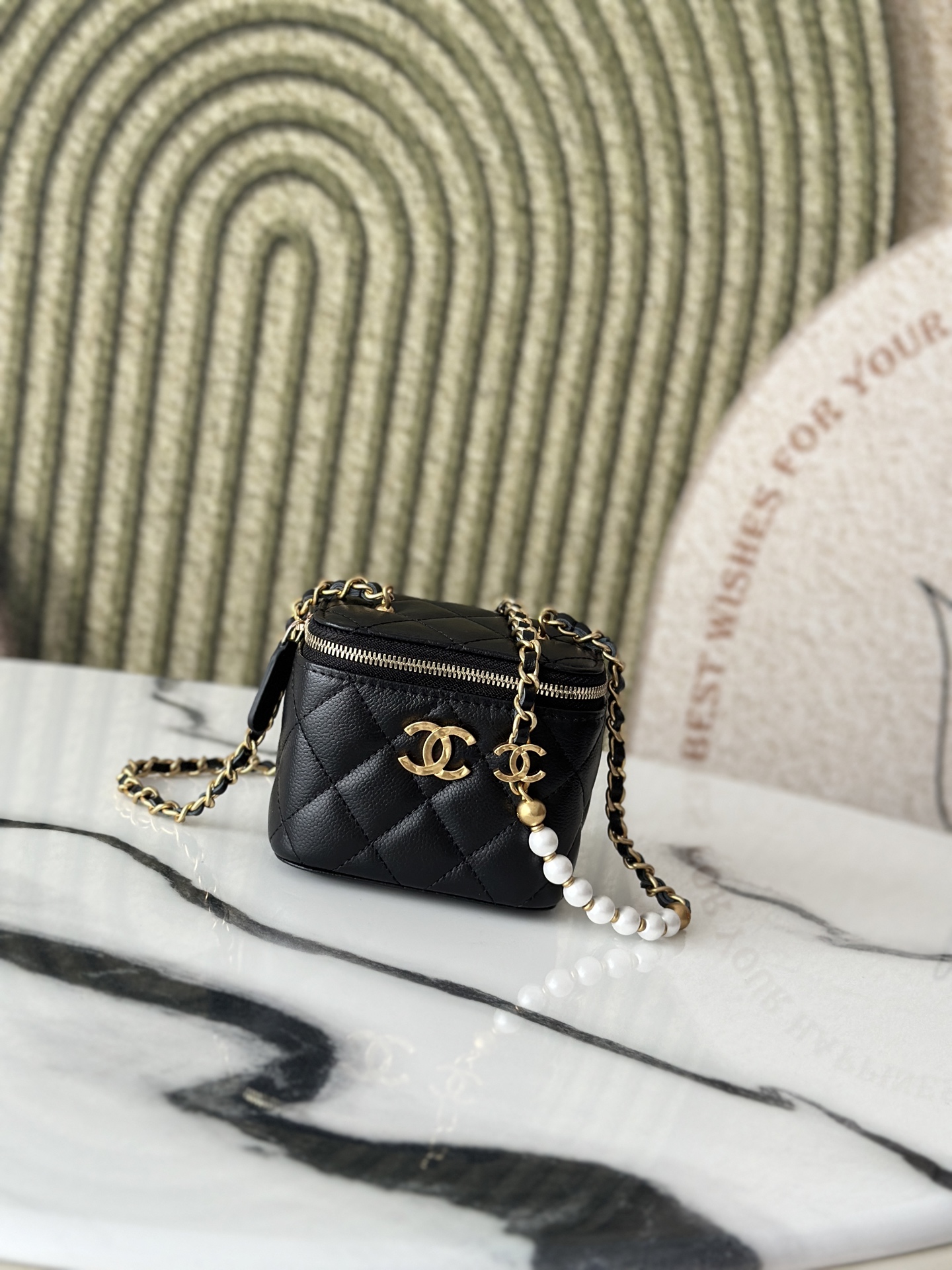 Mini Vanity Case with Pearl Chain (AP3940) in Black Caviar Leather with Gold-Tone Hardware - Mocuir
