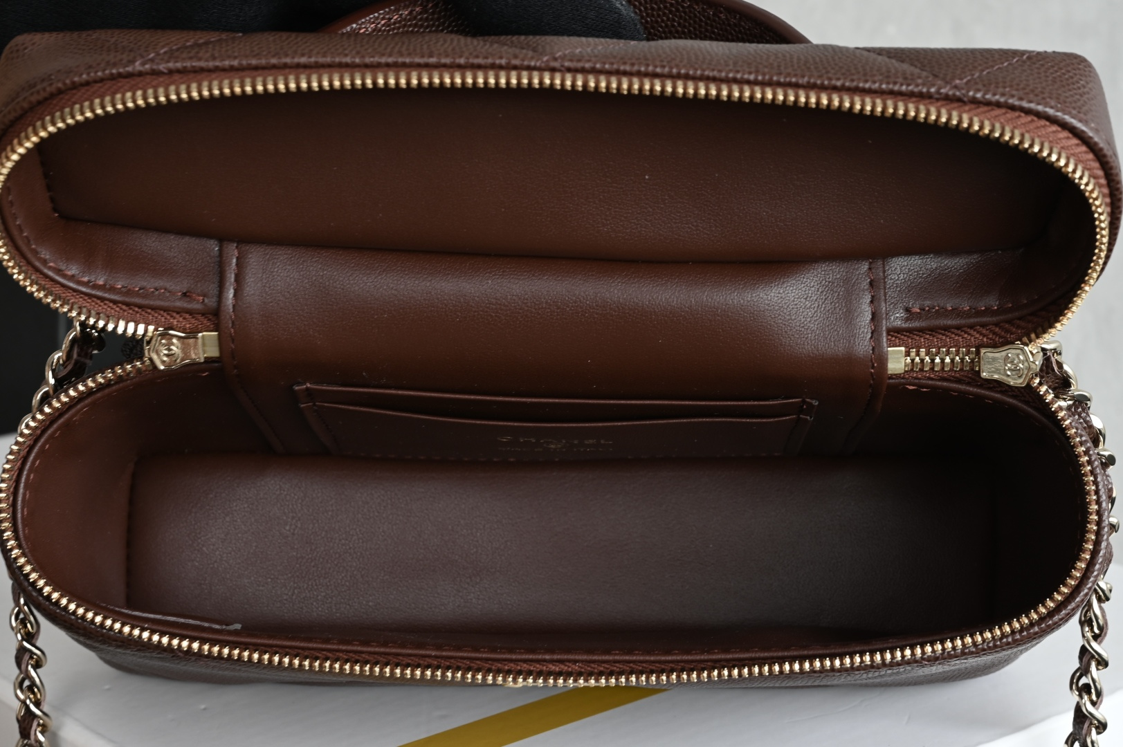Small Vanity Case in Dark Brown Quilted Caviar Calfskin with Light Gold-Tone Hardware - Mocuir