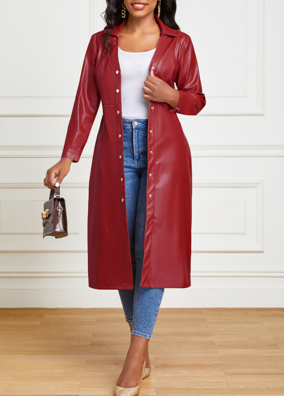 Belted Faux Leather Snap Button Dress