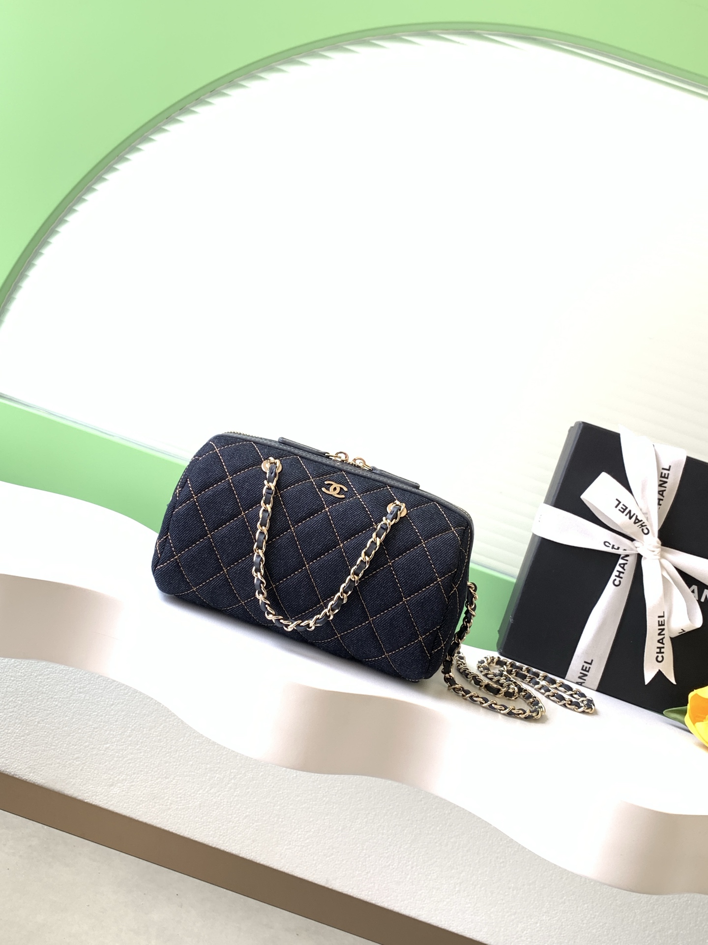 26P Pre-Collection Denim Quilted LP Lunch Box Bowling Bag in Dark Blue with Gold Hardware (Model AS4836) - Mocuir