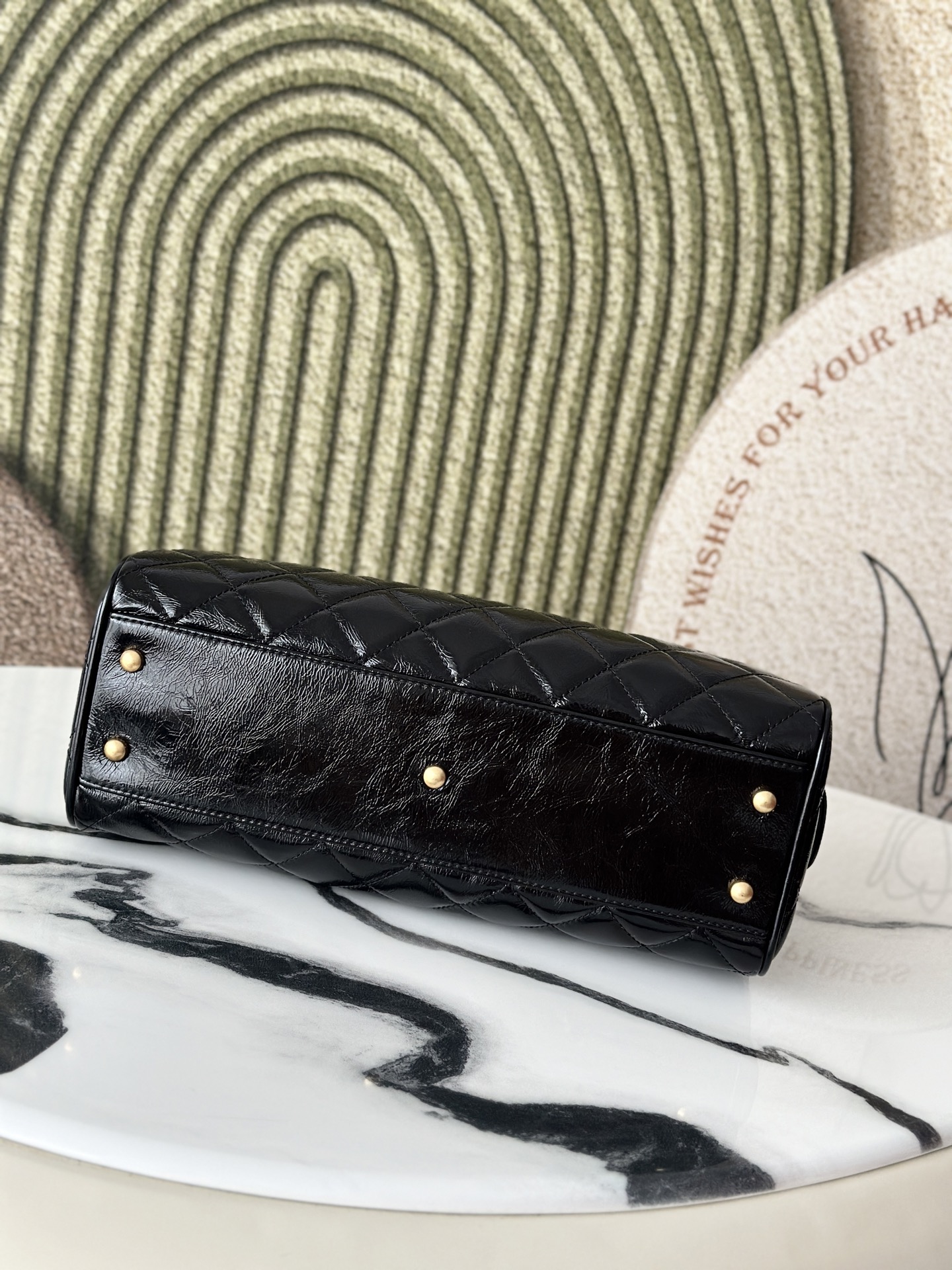 25A Black Oil Wax Calfskin Quilted Bowling Bag with Gold Hardware - Mocuir