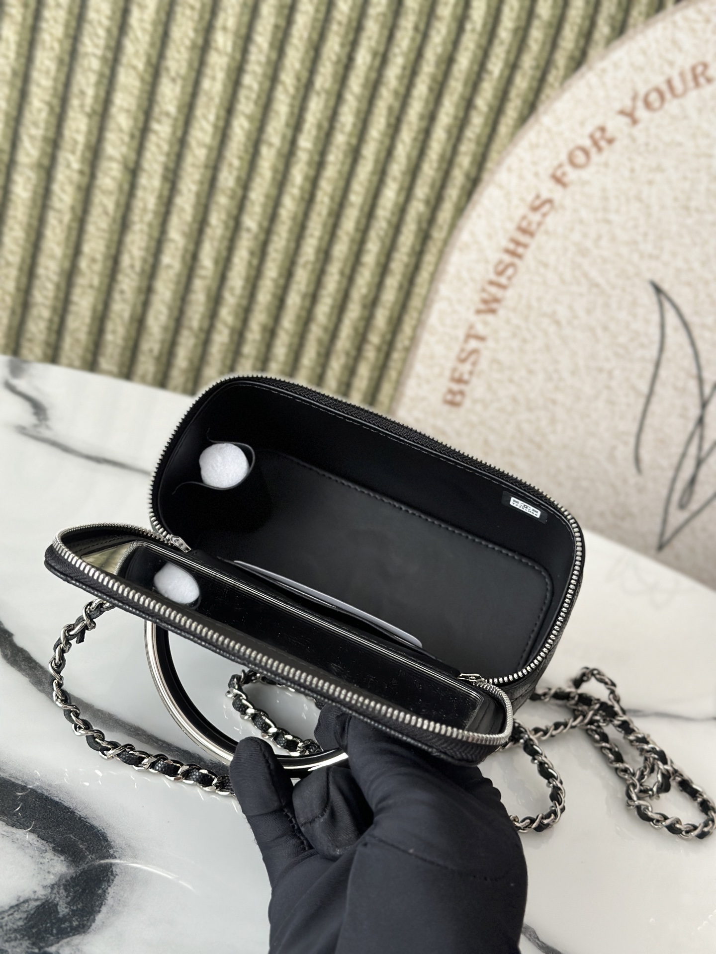 Black Caviar Quilted Vanity Case with Silver Metal Handle & Silver Hardware - Mocuir