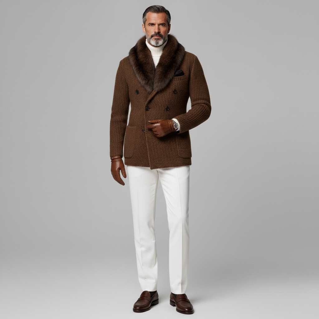 Men's Brown Furry Collar Double Breasted Long Sleeve Patch Pocket Knit Sweater Coat