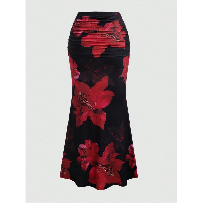 Women's Floral Print Maxi Skirt Ruffle Hem