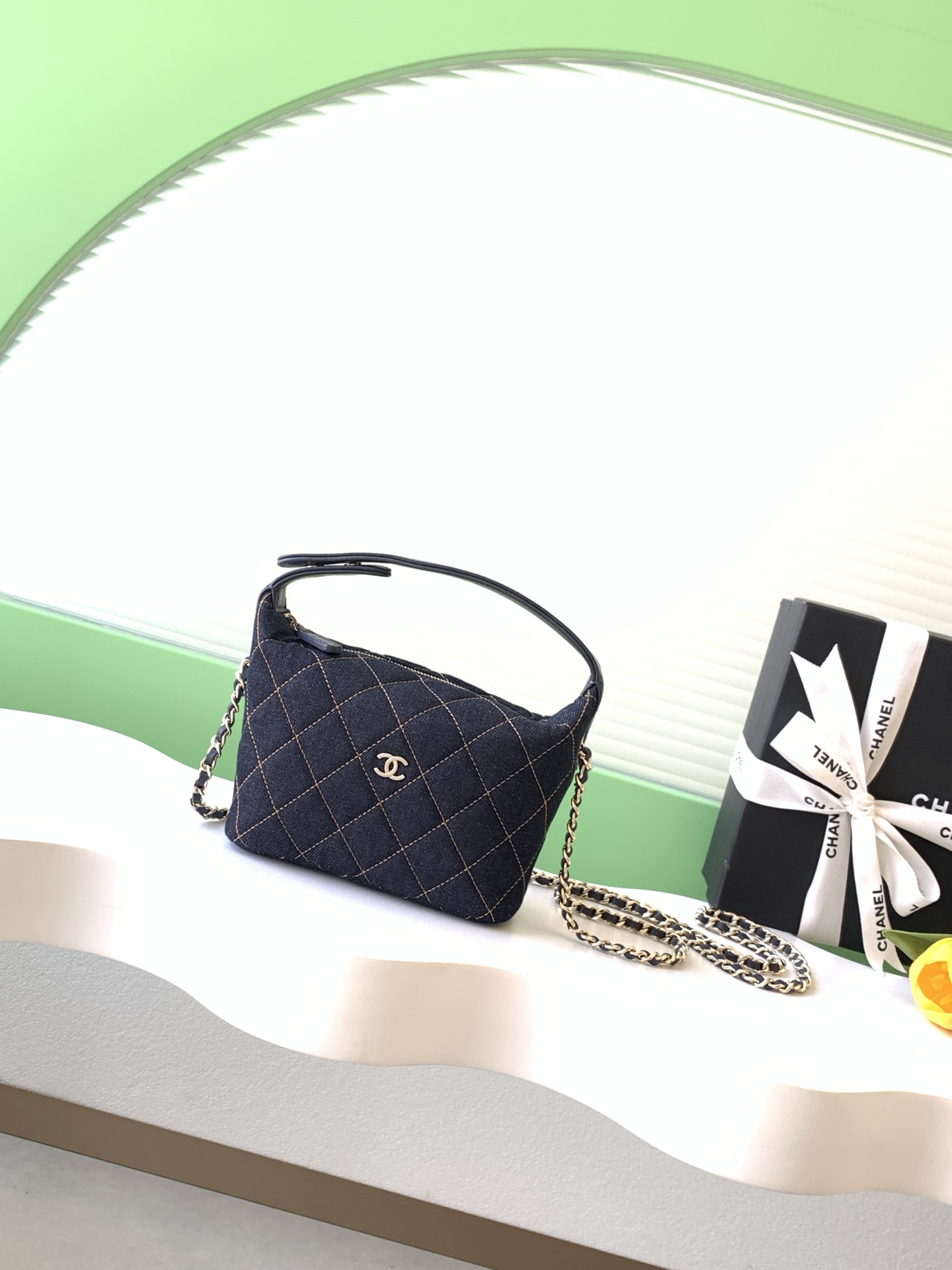 26S Spring-Summer Quilted Denim Hobo Bag with Handle in Dark Blue with Gold Hardware (Model AS5653) - Mocuir