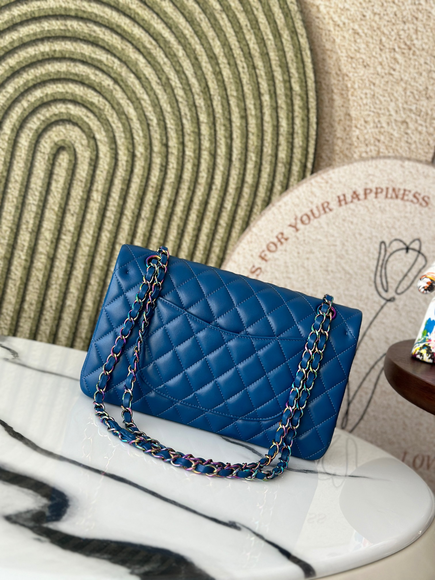 Classic Flap Medium Bag in Electric Blue Lambskin with Iridescent Rainbow Hardware (Model A01112) - Mocuir