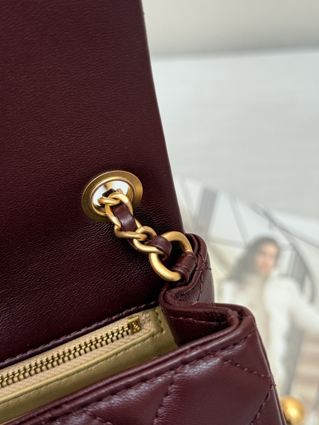Classic Flap Large Mini (20cm) Bag (AS1787) in Burgundy Quilted Lambskin with Antique Gold-Tone Hardware & Globe Adjustable Gold Ball - Mocuir