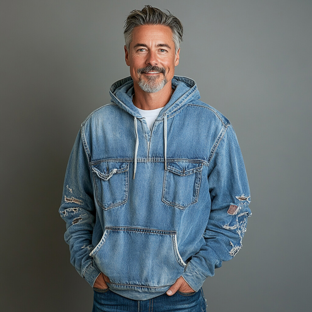 Men's Denim Ripped Flap Pocket Long Sleeve Drawstring Hoodie