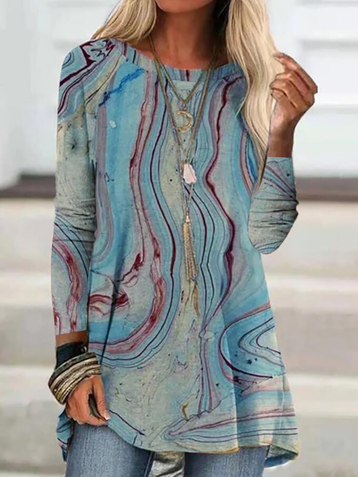 Long Sleeve Crew Neck Ombre/Tie-Dye Vintage Shirts & Tops