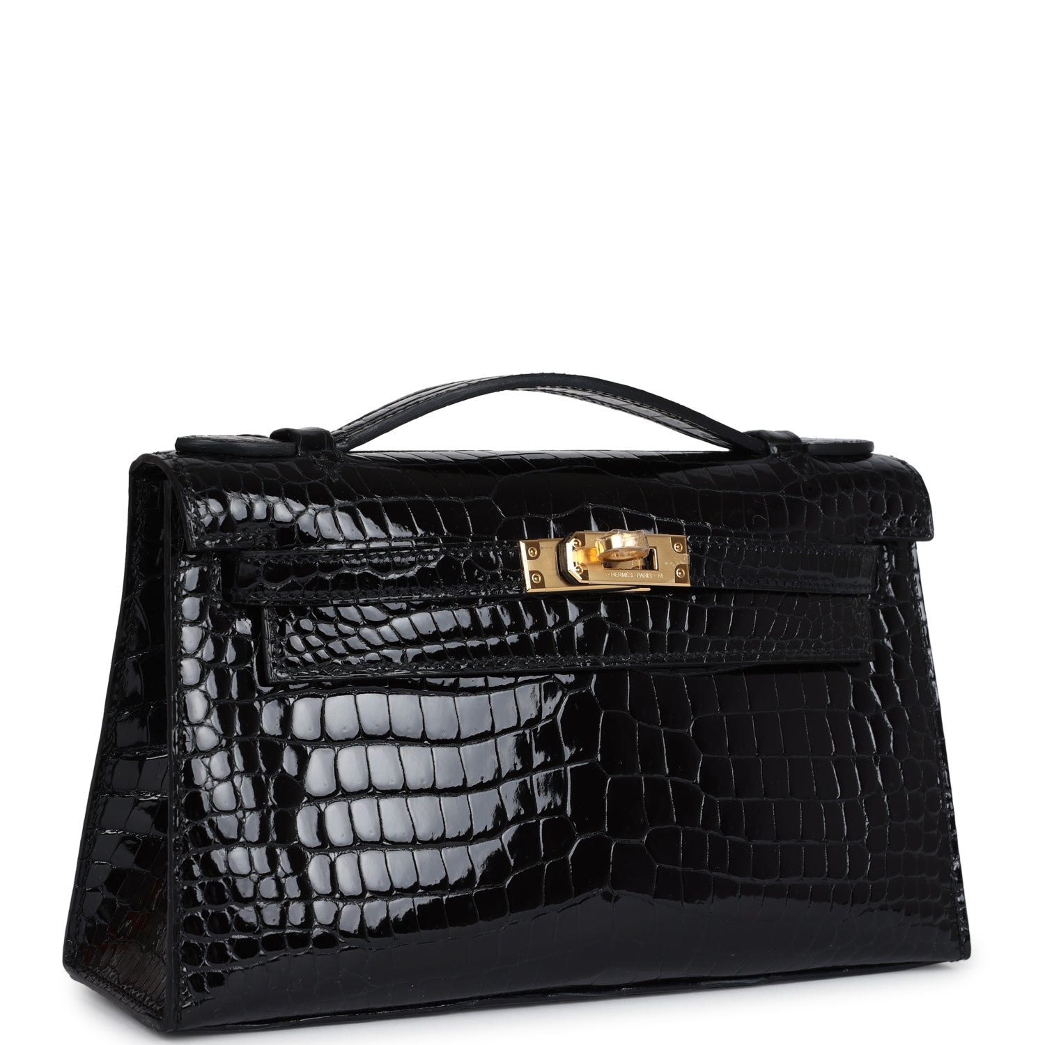 Kelly Pochette Black Shiny Porosus Crocodile Gold Hardware