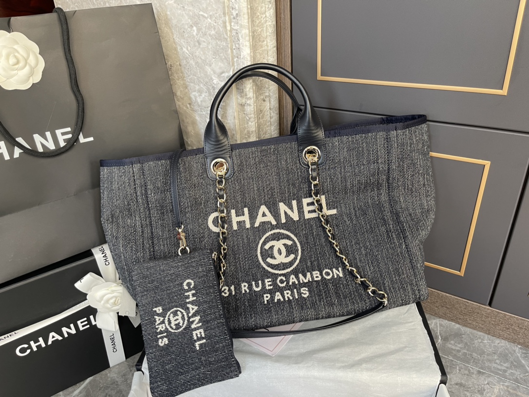 Deauville Large Quilted Denim Canvas Tote Bag with Gold-Tone Hardware - Mocuir