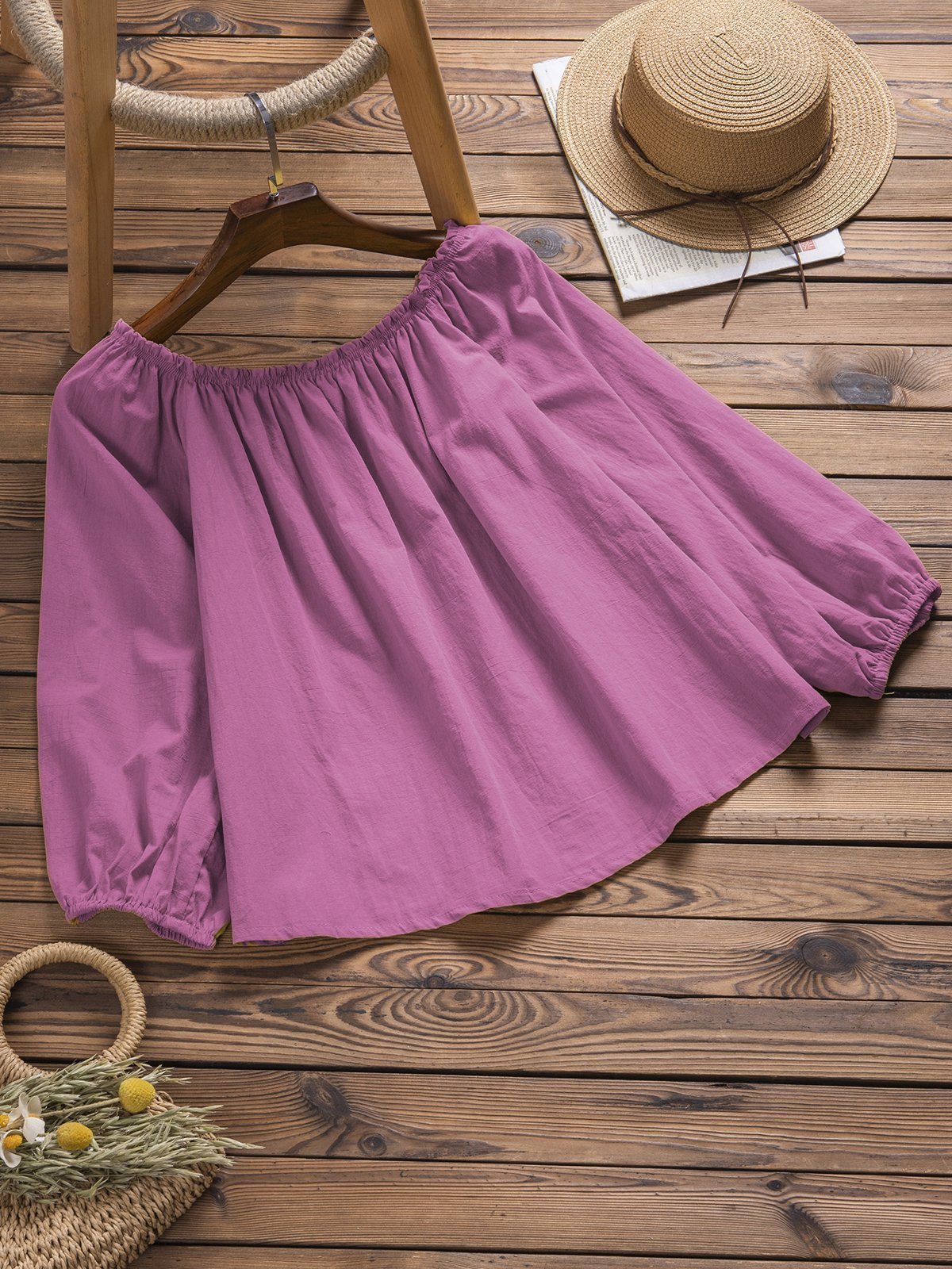 Casual Off Shoulder Long Sleeve Solid Shirts & Tops