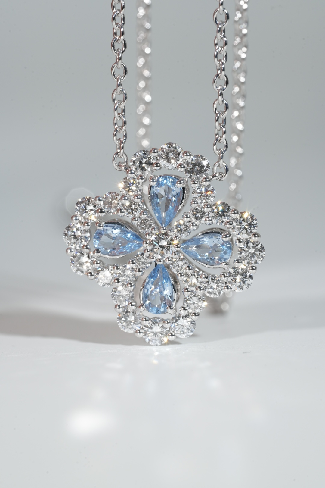 Aquamarine four-leaf clover pendant necklace