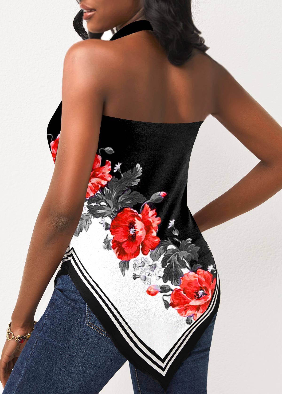 Halter Floral Print Black Asymmetric Hem Tank Top