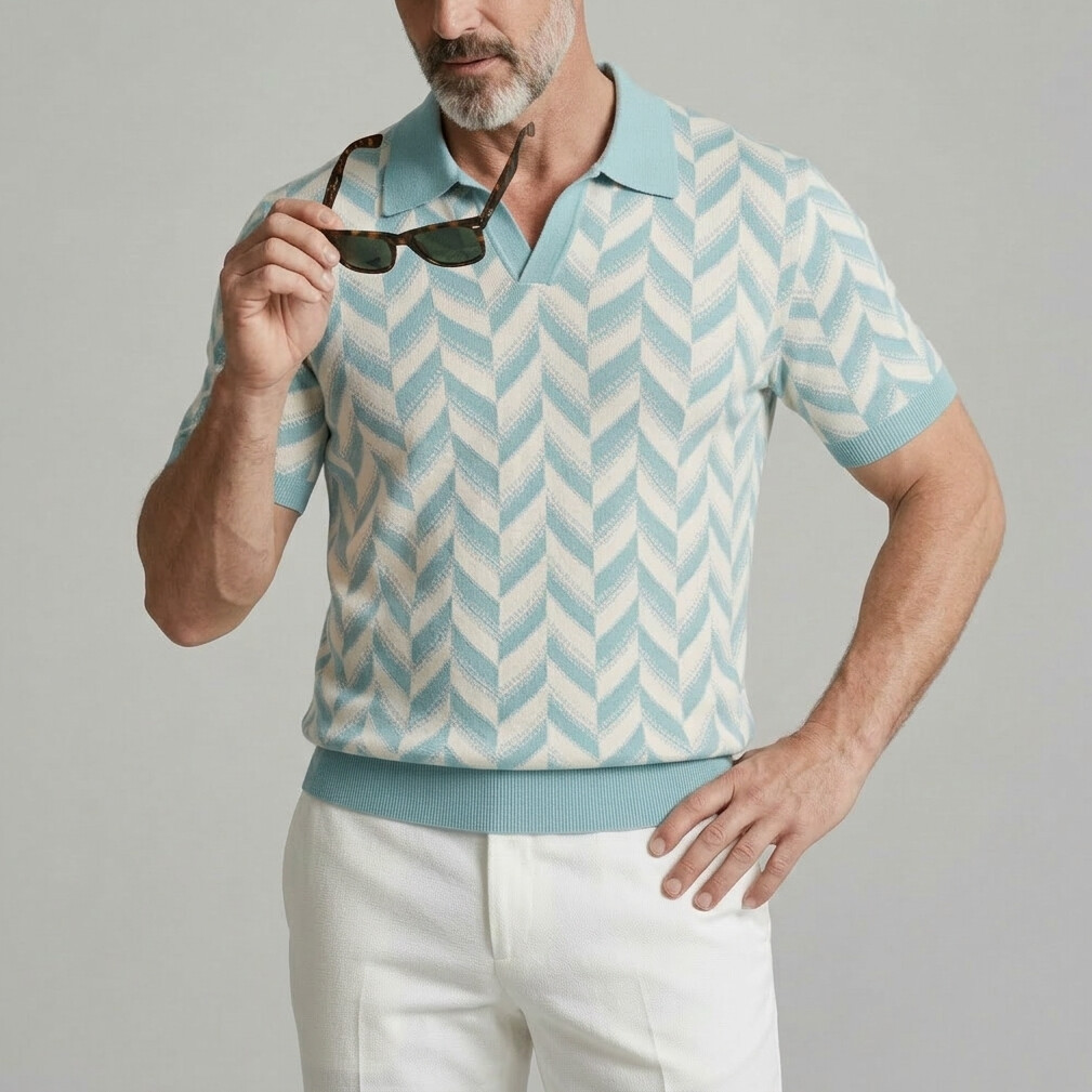 Men's Casual Geometric Pattern Jacquard Knit Polo Shirt