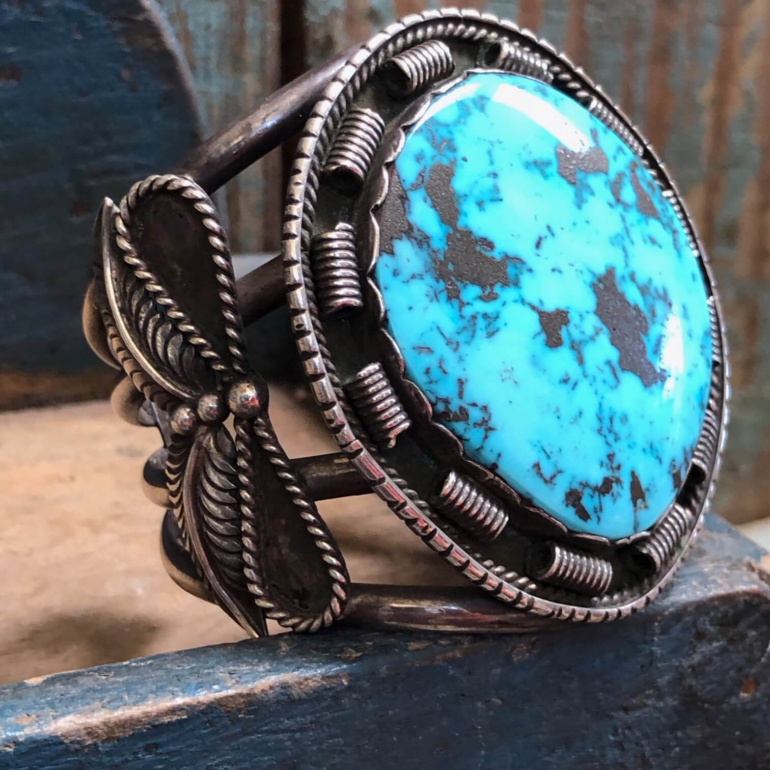 Vintage Navajo Sterling Silver Bracelet with Large Blue Turquoise