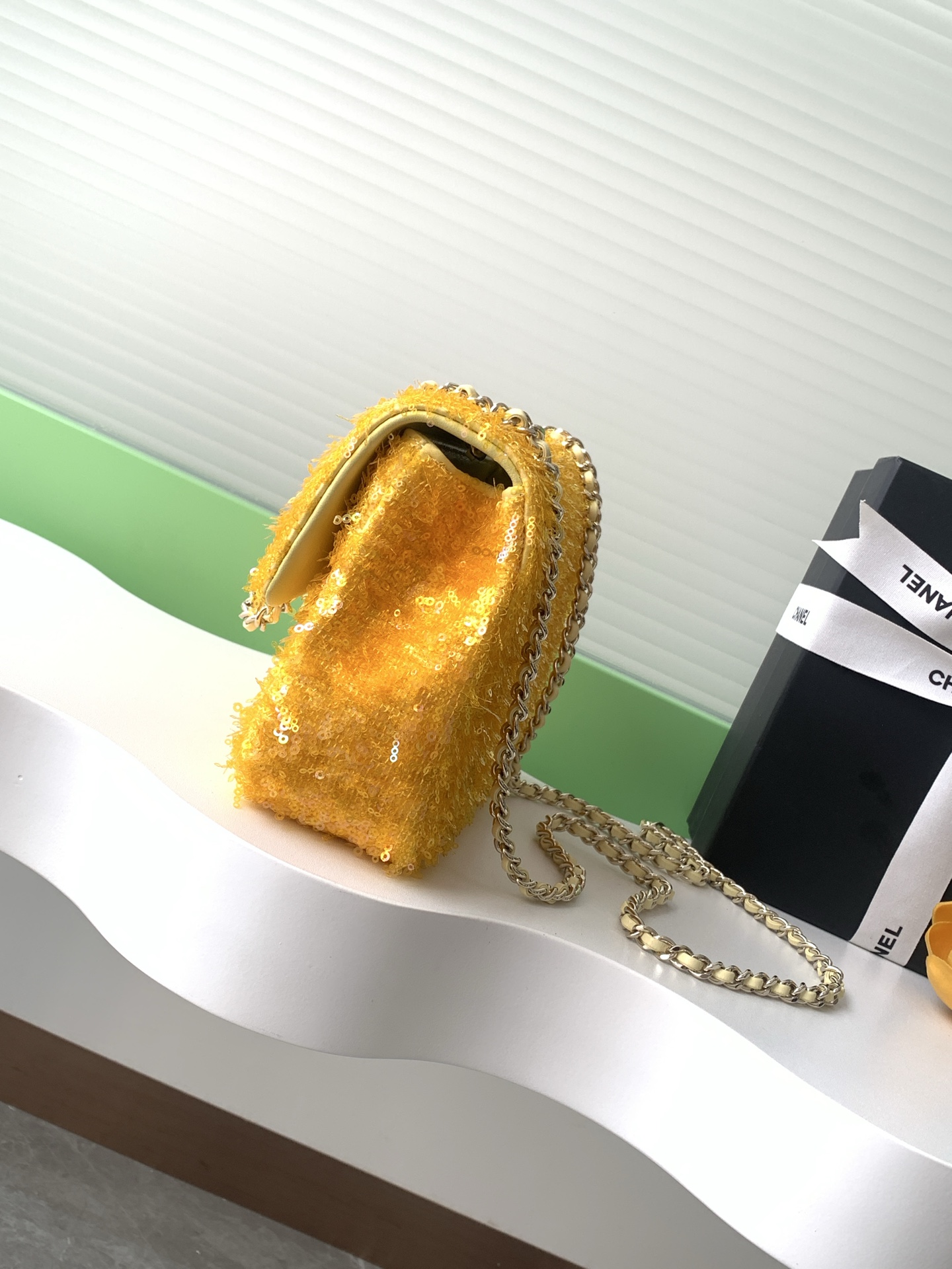 2025 FallWinter Classic Flap Bag in Bright Yellow Sequins (AS4561) with Light Gold-Tone Hardware - Mocuir