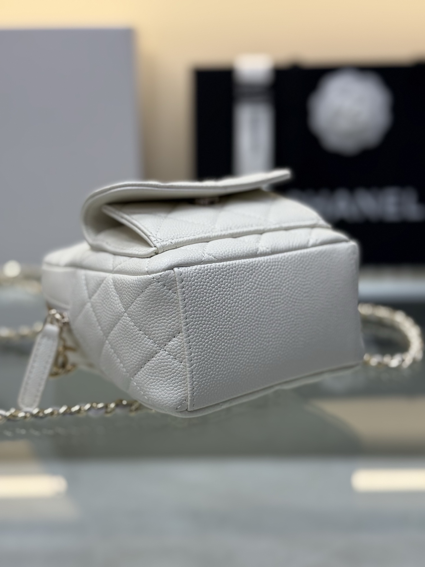 Mini Backpack with Chain (AS3787) in White Caviar Leather with Gold-Tone Hardware, 24C Cruise Collection - Mocuir