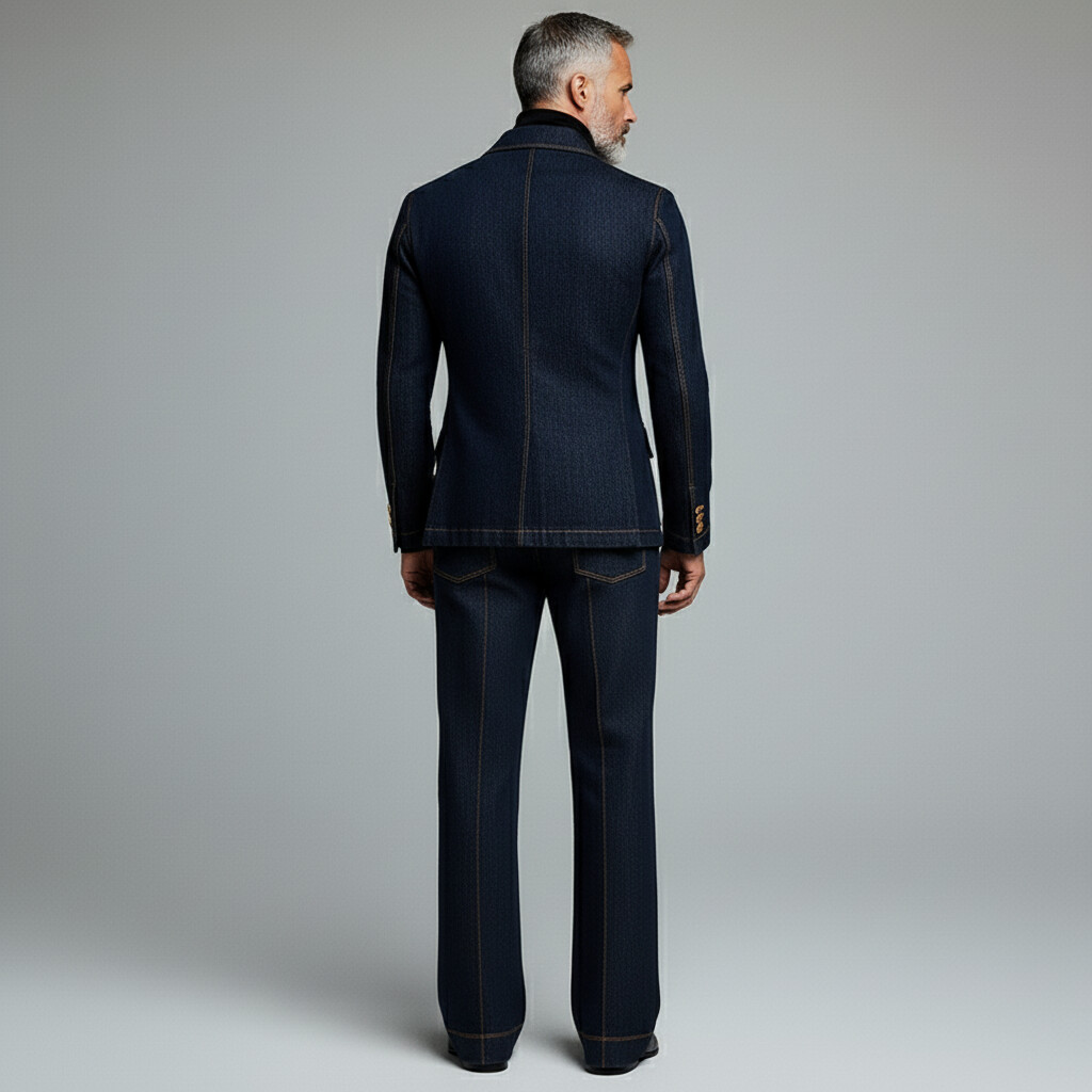 Men's Navy Blue Denim Double Breasted Contrast Stitched Flap Pockets Blazer & Jeans 2Pcs Set