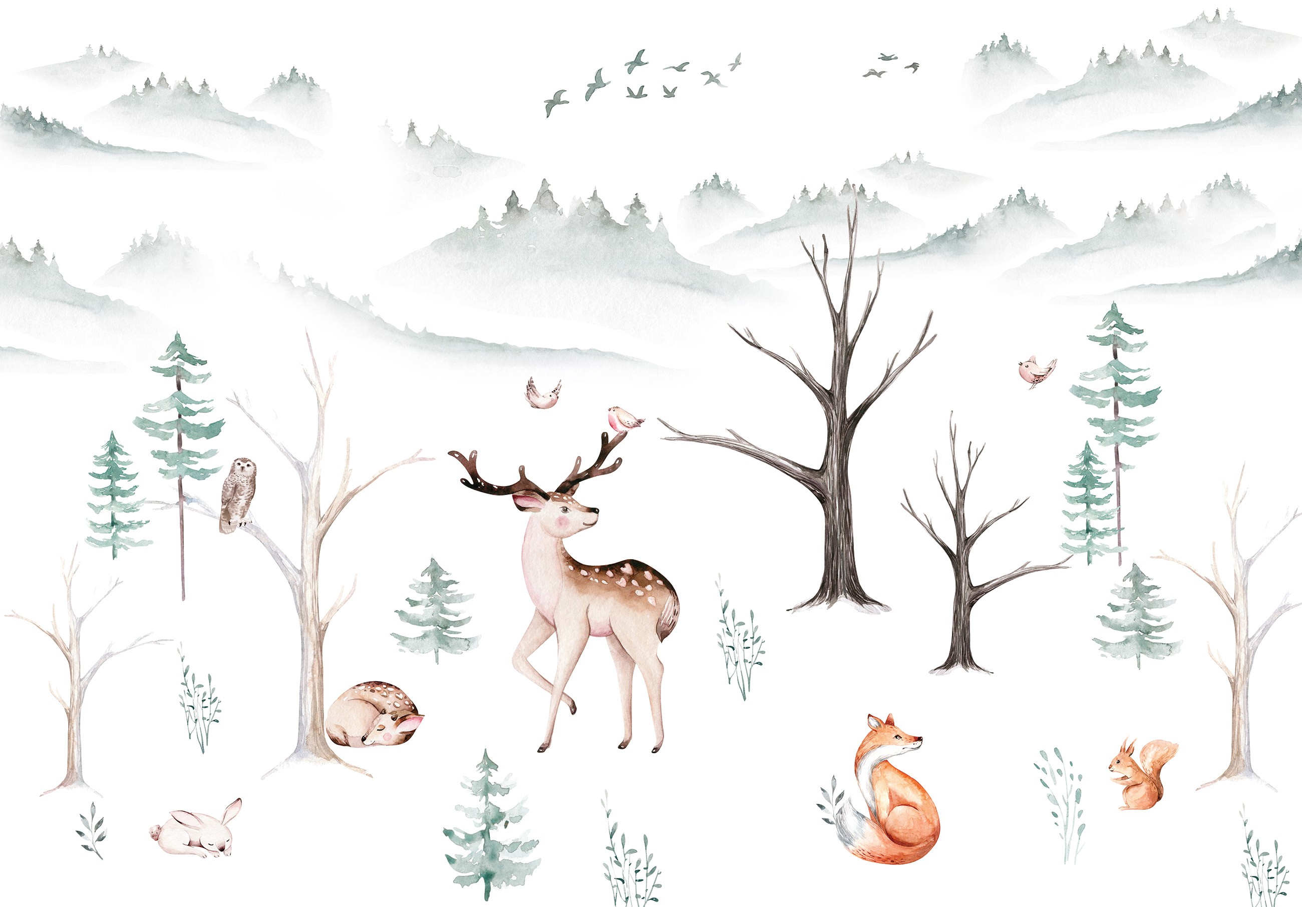 Wall mural watercolor forest animals deer fox kids room