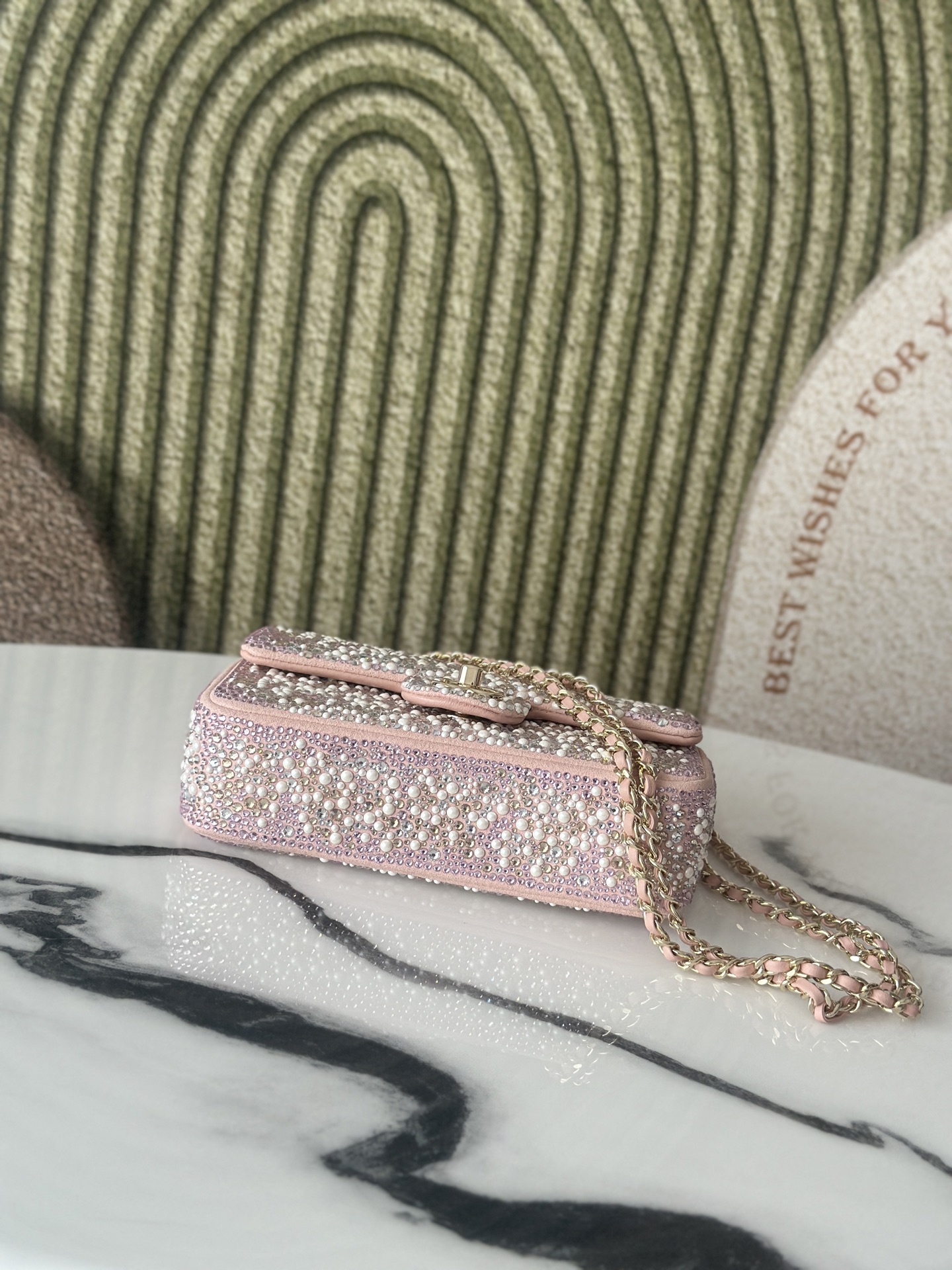 24C25C Small Classic Flap Bag in Sakura Pink Crystal & Pearl Embellished Lambskin with Light Gold-Tone Hardware - Mocuir