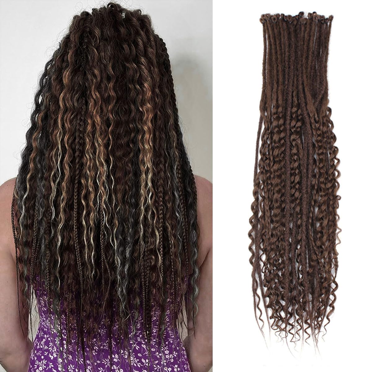 24 Inch 3 In 1 Dreadlock Extensions Sets, 30 Strands Mixed Chocolate Brown Synthetic SE Dreads Extensions, 100% Handmade Soft Single Ended Curly Boho Wavy Dreads for Girls