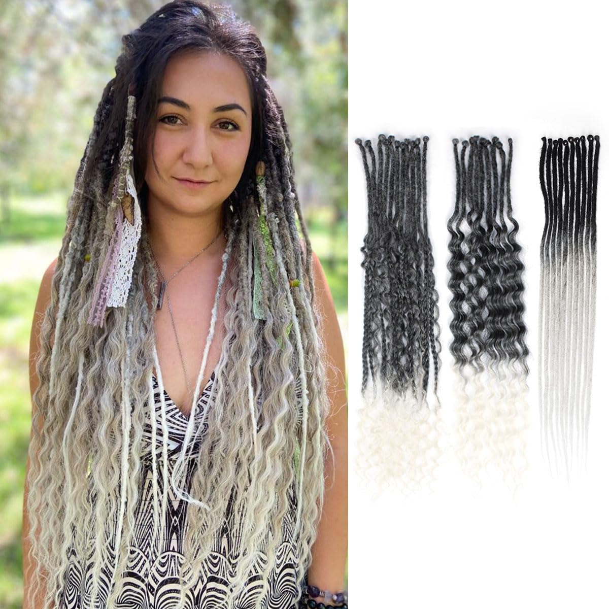 24 Inch 3 In 1 Dreadlock Extensions Sets, 30 Strands Mixed Gray to White Synthetic SE Dreads Extensions, 100% Handmade Soft Single Ended Curly Boho Wavy Dreads for Girls