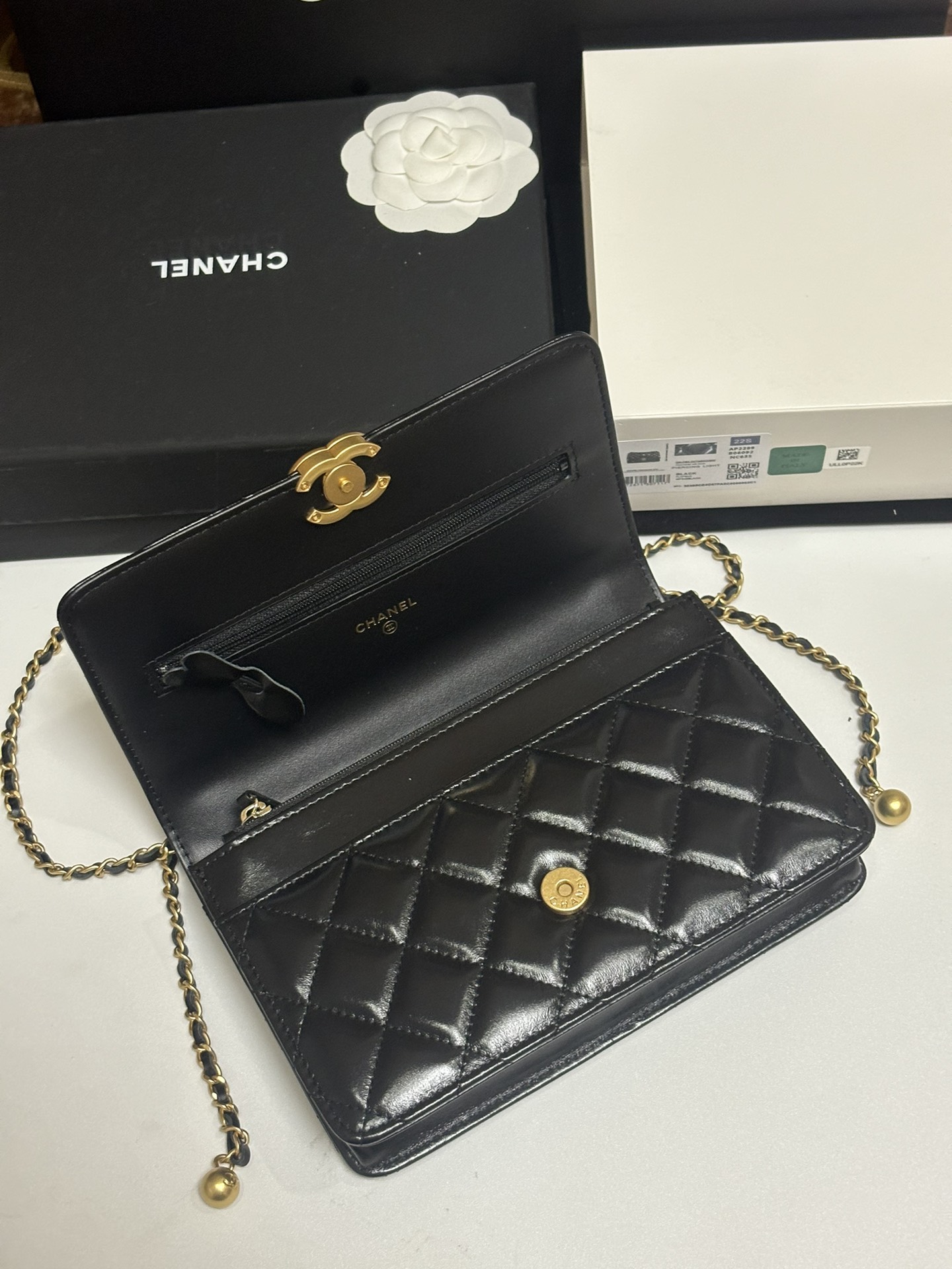 Classic Quilted Lambskin Wallet on Chain with Gold Ball in Black (Gold Hardware) - Mocuir