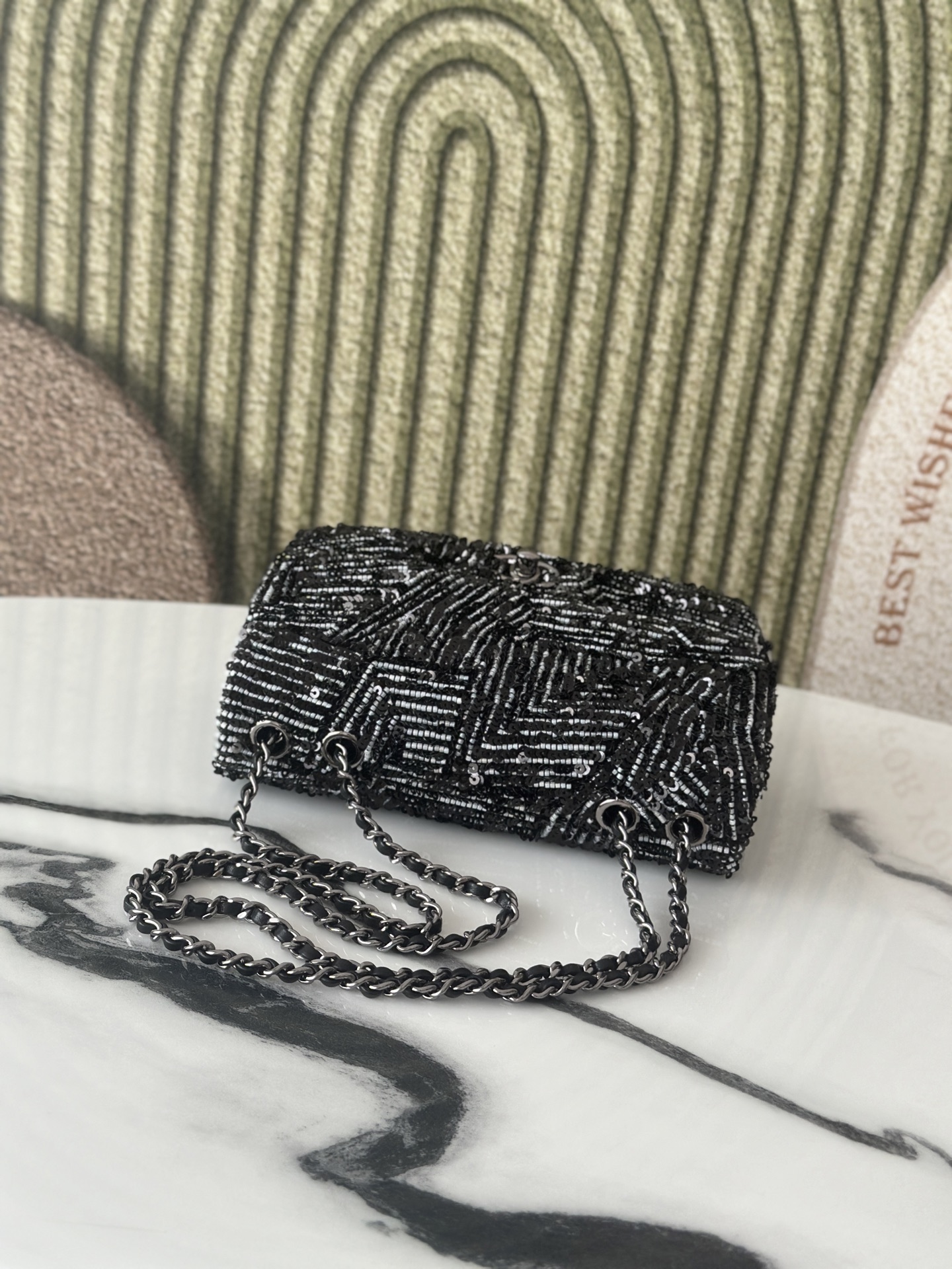 25C Classic Flap Black & White Diagonal Stripe Sequin Bag - Mocuir