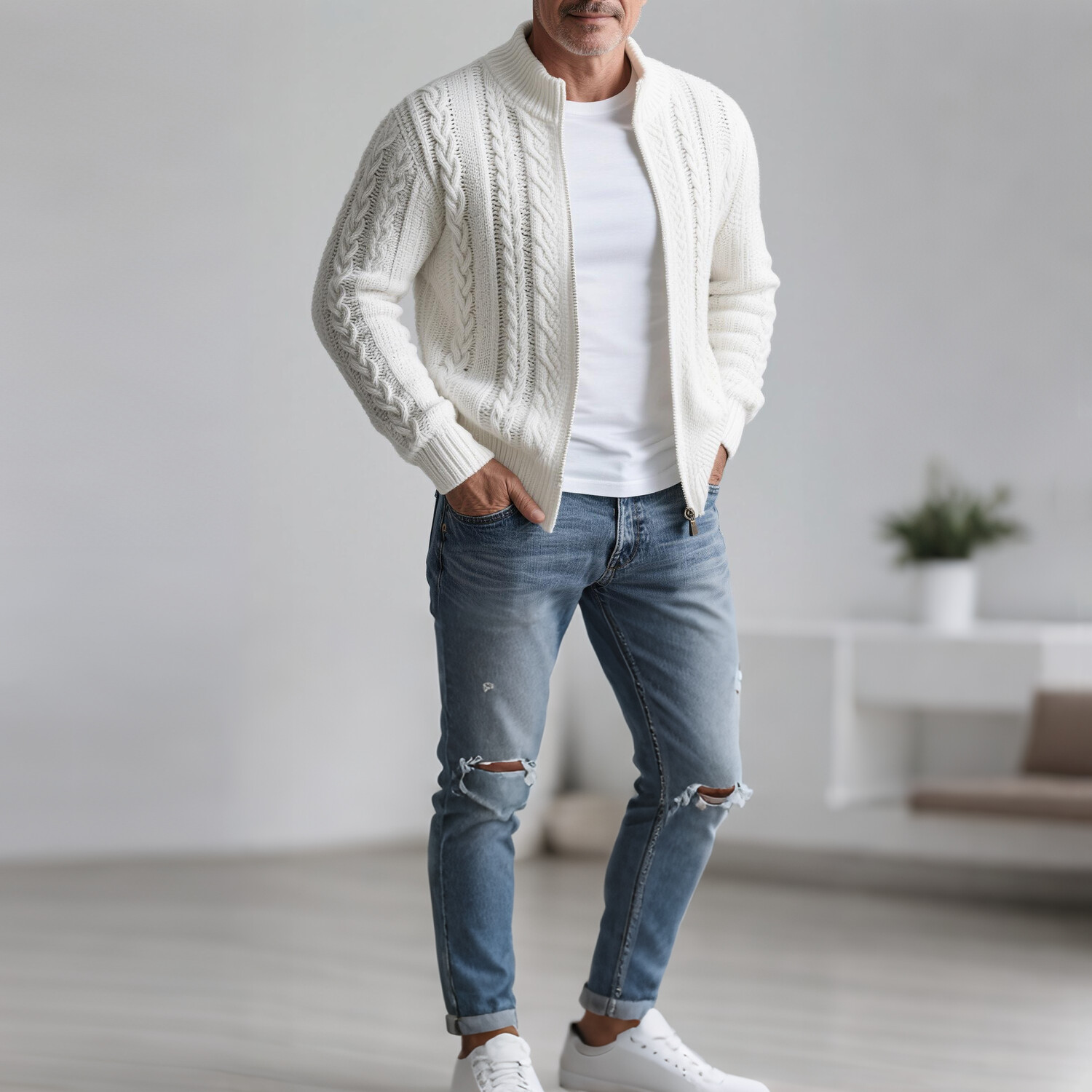 Men's Casual Stand Collar Cable Knit Zip Up Sweater Jacket