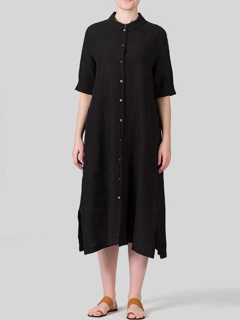 Cotton and Linen Hem Side Slit Shirt Dress