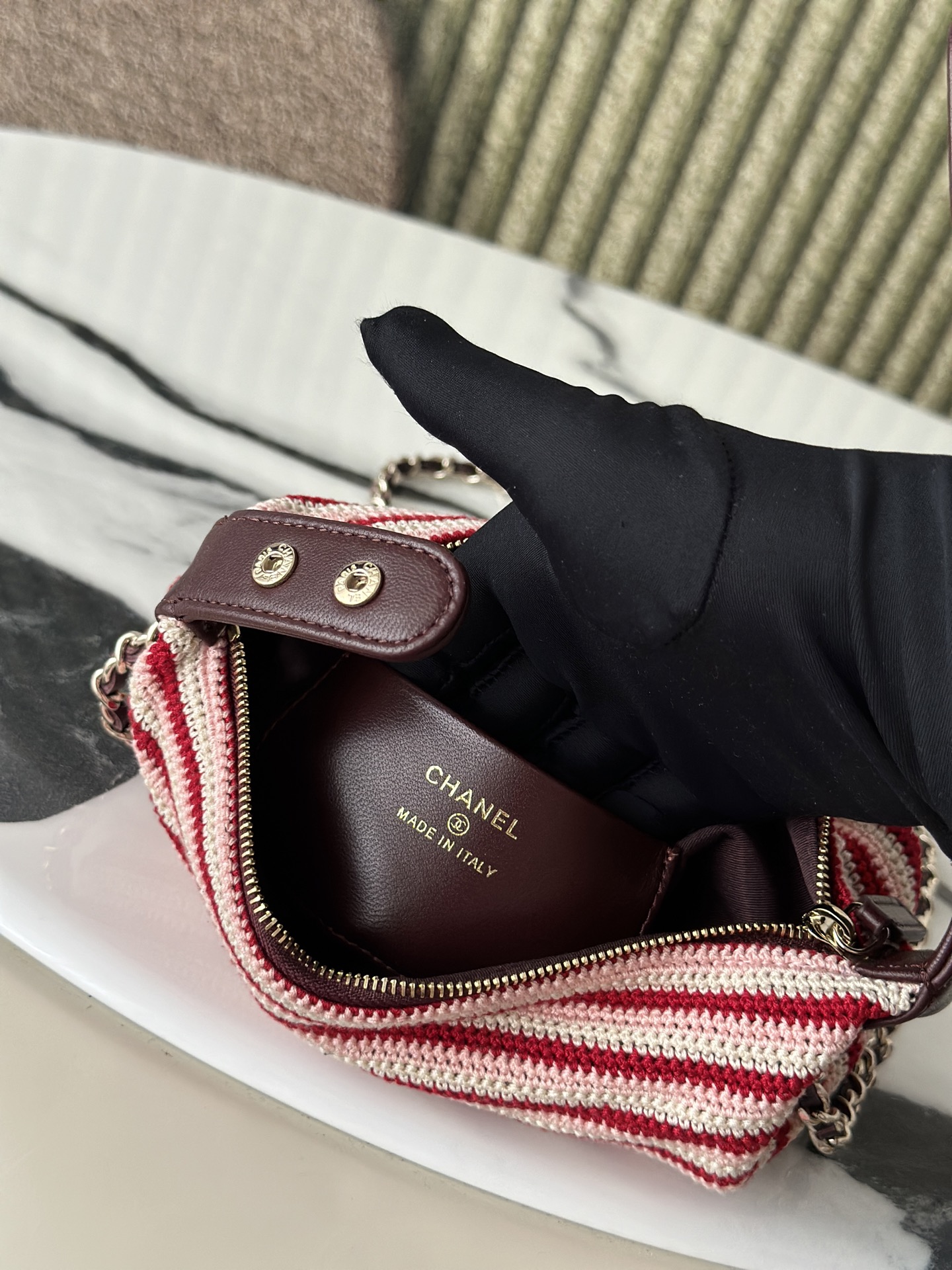 26P Cruise Mini Hobo Pouch with Chain in RedPinkWhite Striped Crochet and Lambskin with Light Gold-Tone Hardware - Mocuir