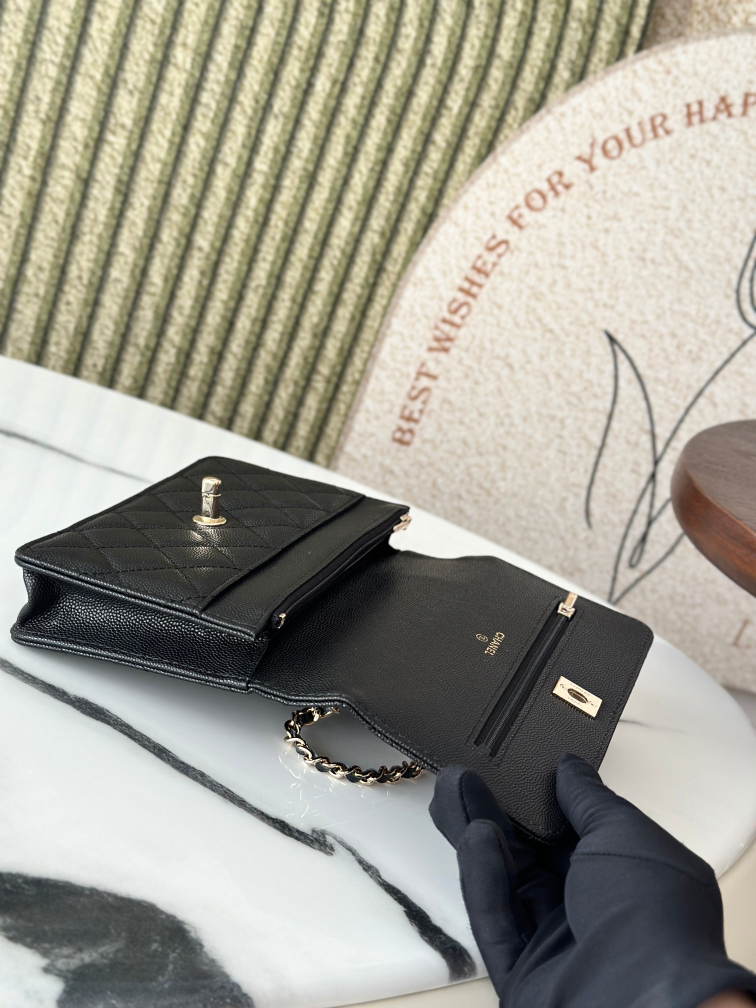 Wallet on Chain with Top Handle in Black Quilted Caviar Leather with Gold-Tone Hardware - Mocuir