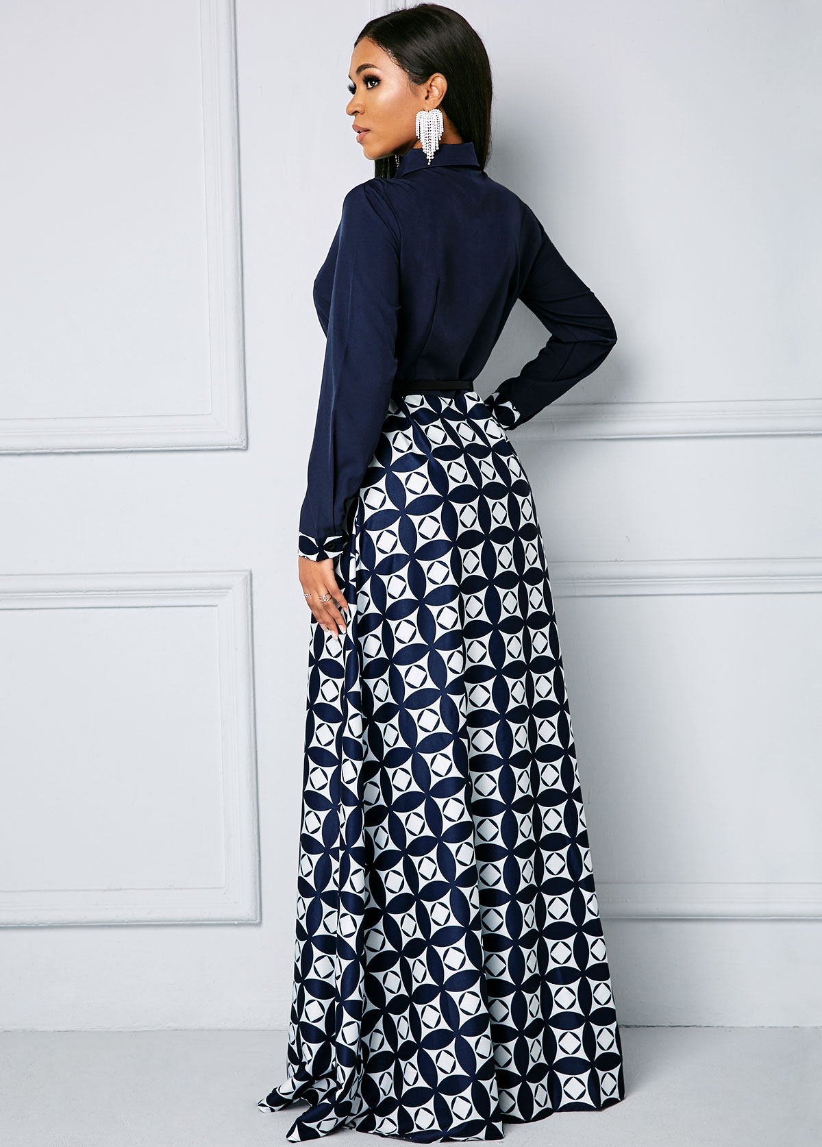 Bowknot Long Sleeve Geometric Print Maxi Dress