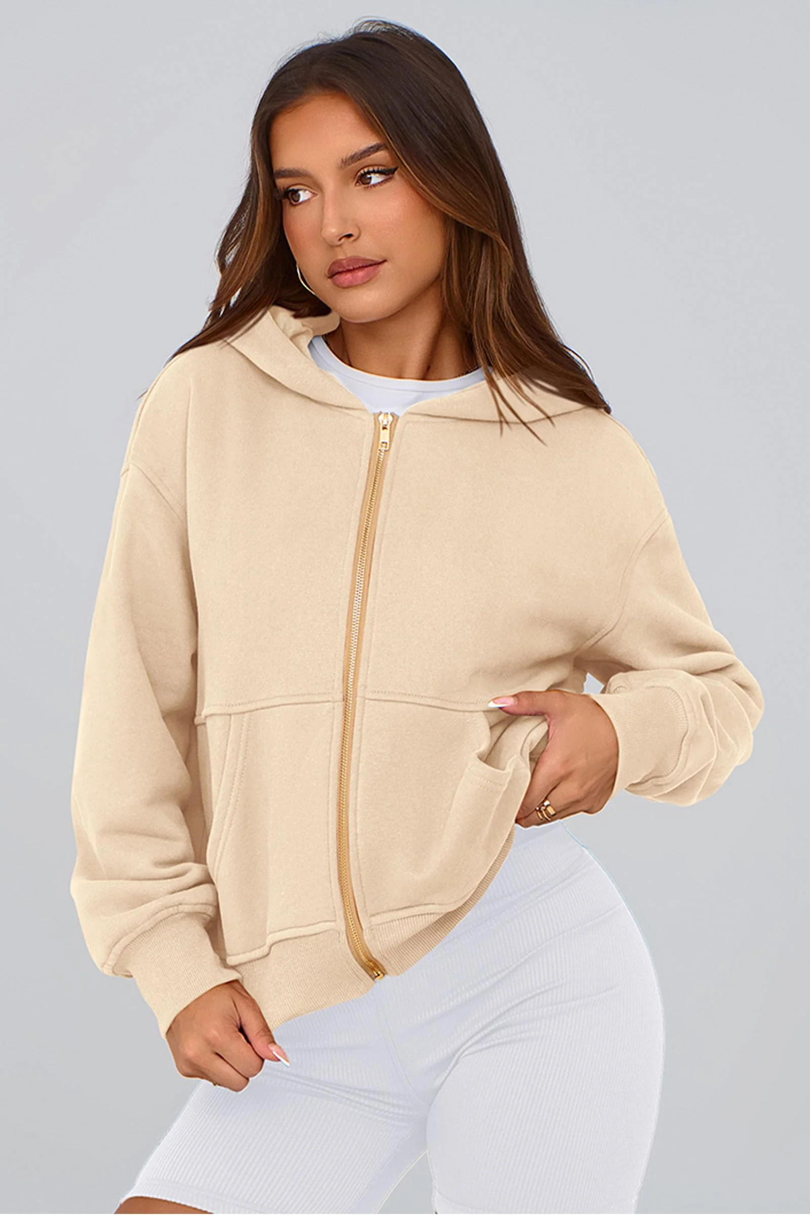Hoodies for Women Sweatshirt Zip Up Hoodie Fall Fashion 2026 Trendy Long Sleeve Jackets Winter Clothing Outfits (Apricot,Medium)