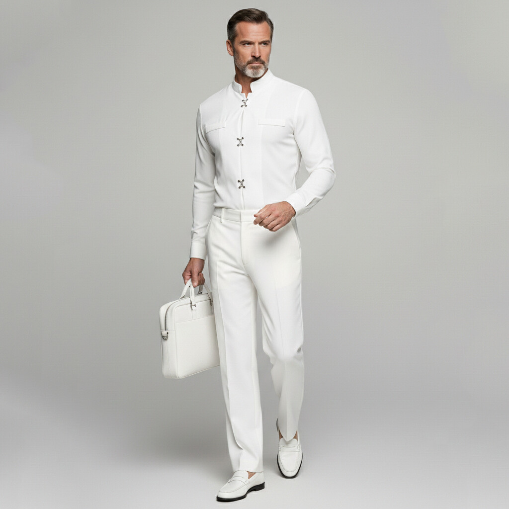 Men's Solid Stand Collar Metal Button Long Sleeve Shirts