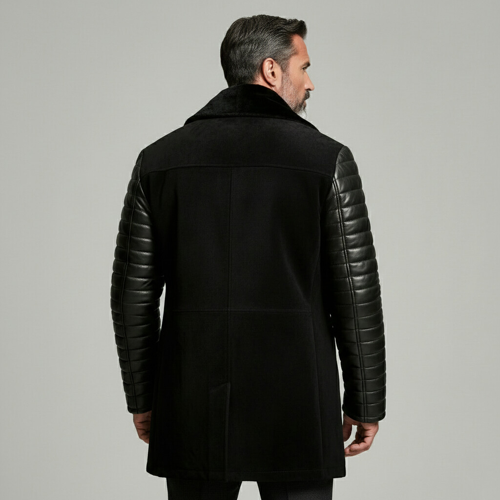 Men's Business Casual Black Quilted PU Leather Patchwork Suede Lapel Collar Single Breasted Jackets