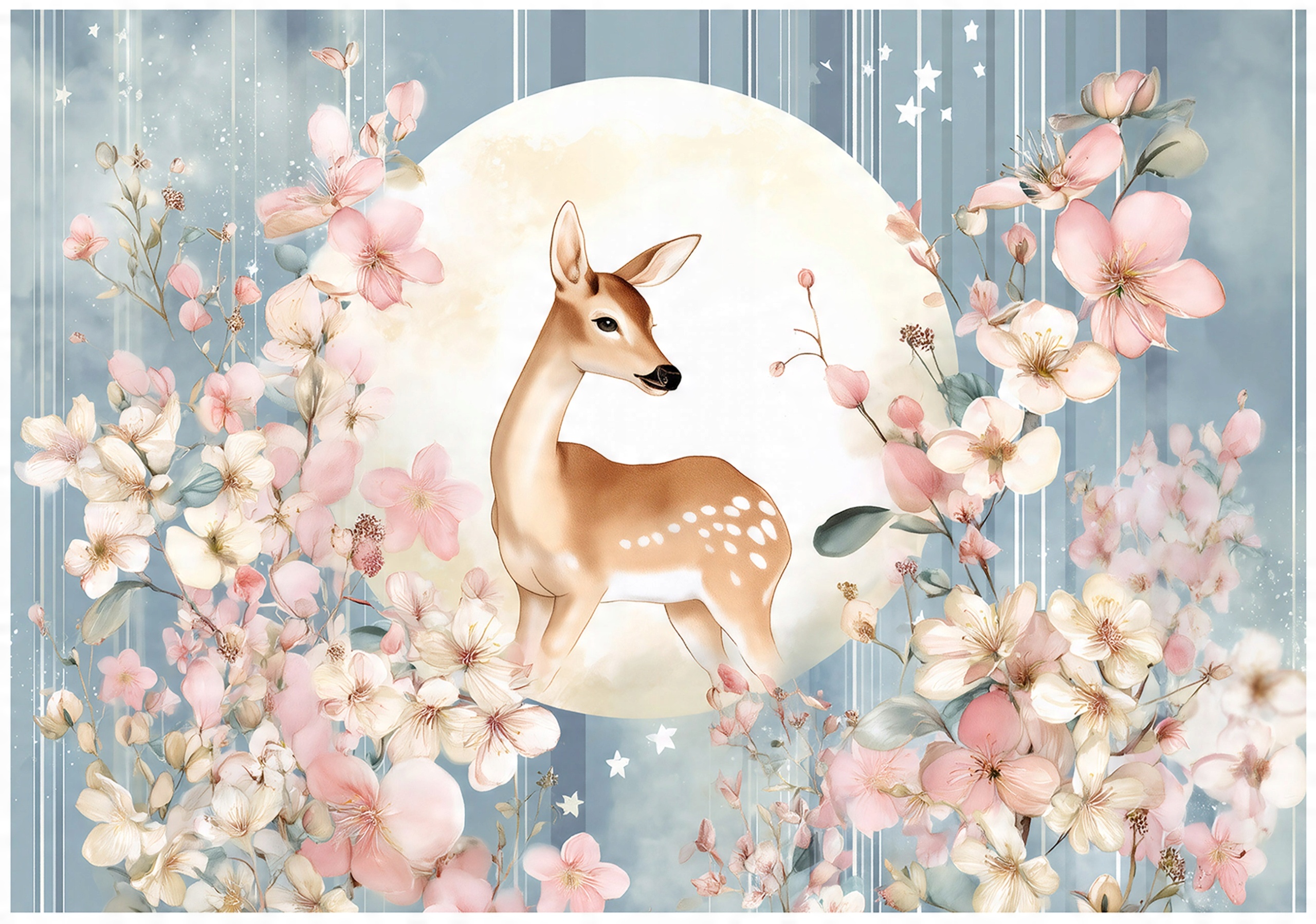 Children's wall mural with deer and flowers, wallpaper for a girl's room,