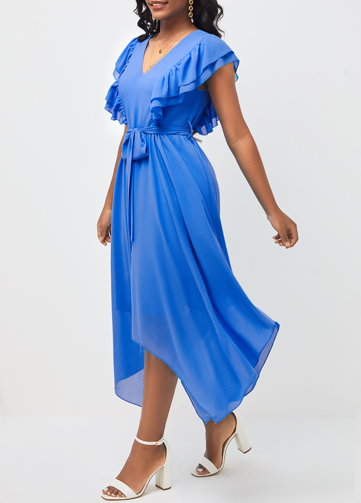 Blue Asymmetric Hem Belted V Neck Dress