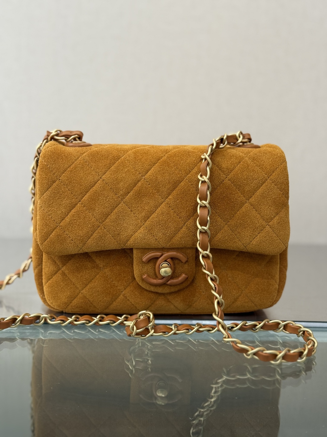 26C Cruise Mini Flap Bag in Caramel Mocha Suede Calfskin with Gold-Tone Hardware (Model AS5989) - Mocuir