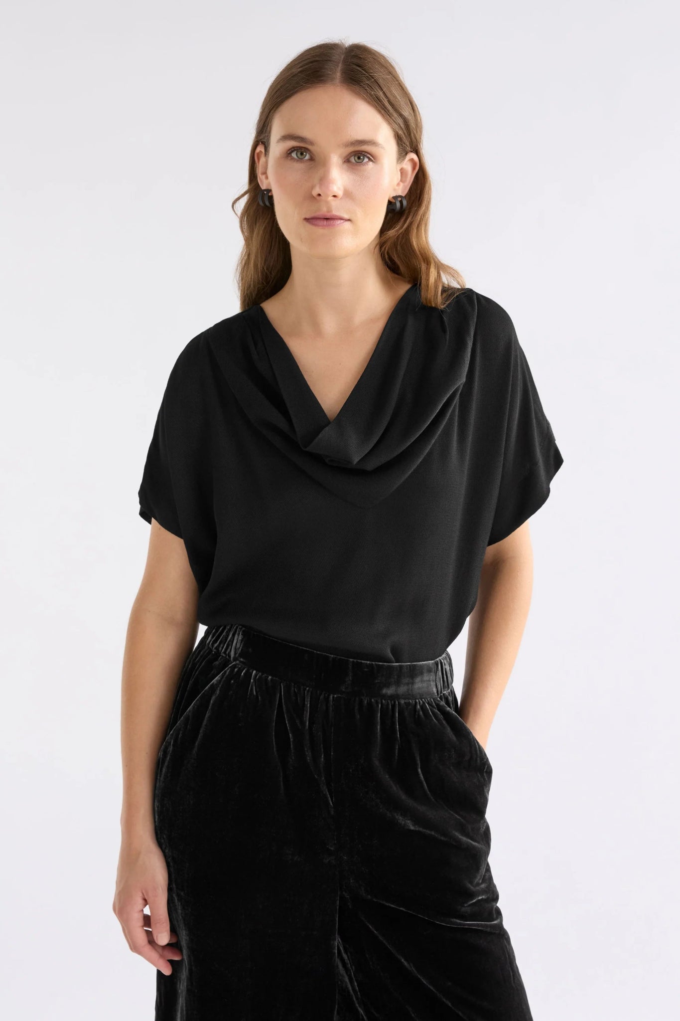 Relaxed Crepe Cowl Neck Top