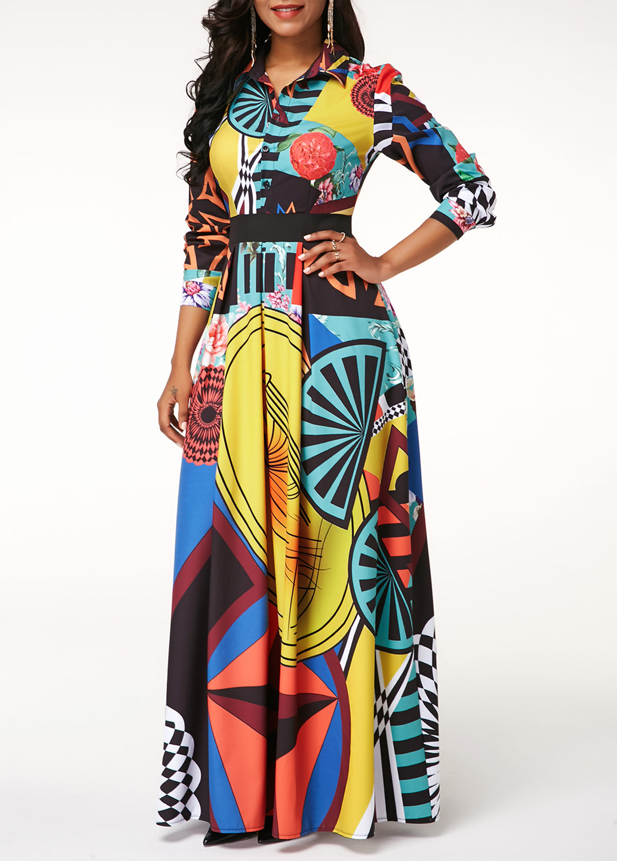 Printed Button Up Long Sleeve Turndown Collar Dress