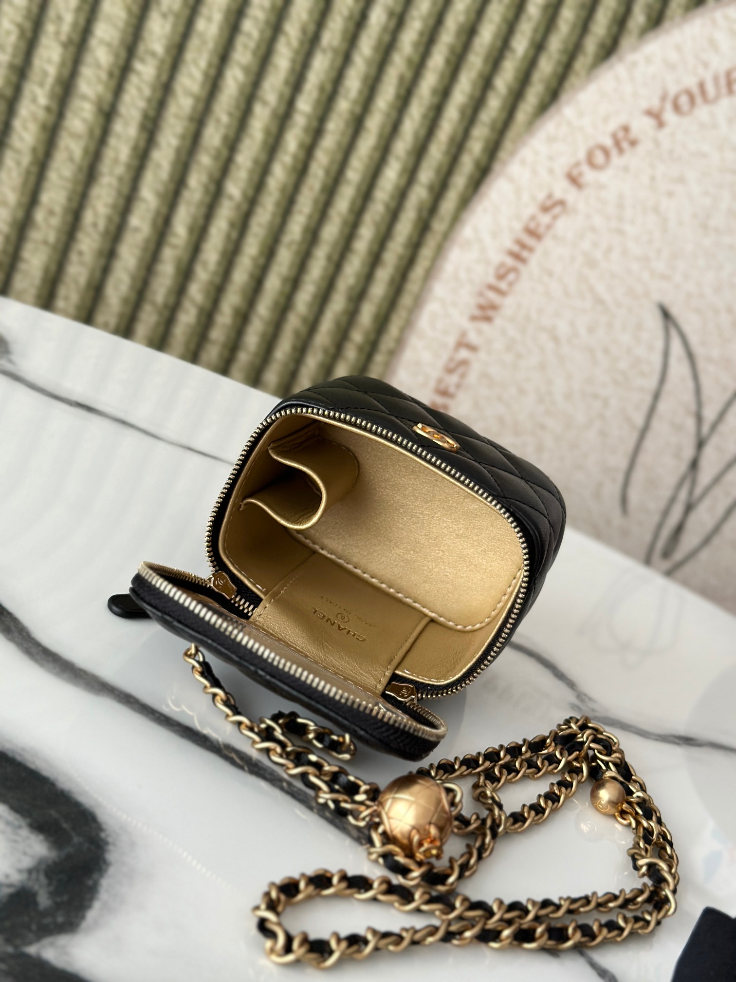 Mini Square Vanity Case with Adjustable Ball Chain in Black Quilted Lambskin with Gold-Tone Hardware - Mocuir