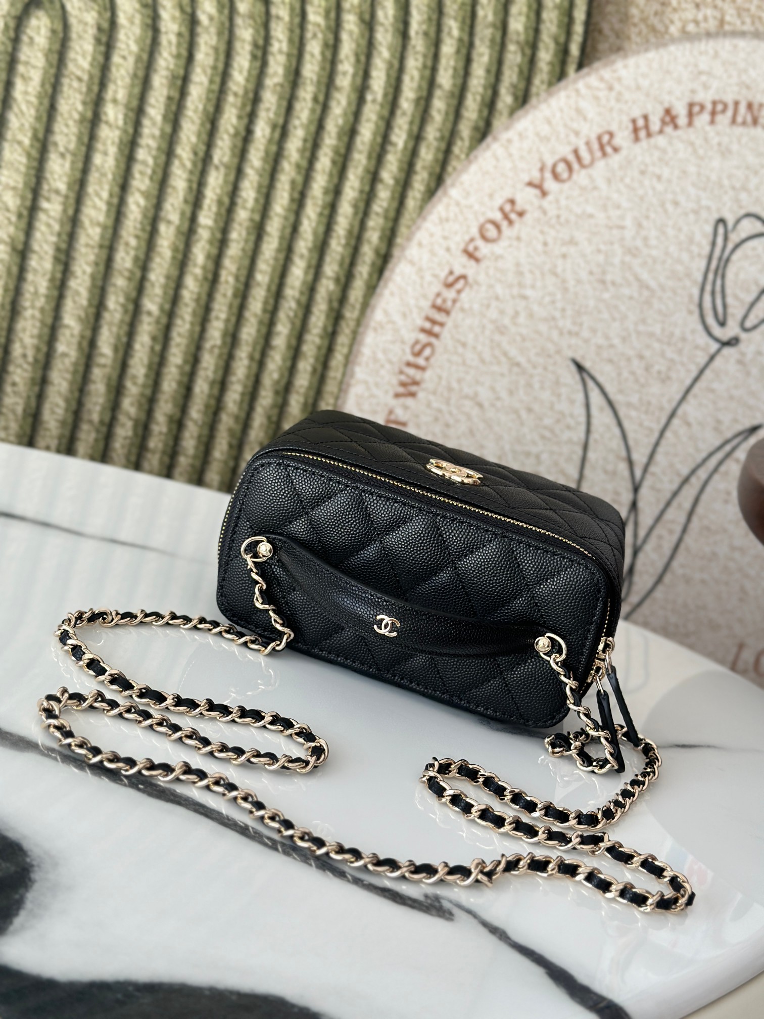 Mini Rectangular Vanity Case with Top Handle in Black Quilted Caviar Leather with Gold-Tone Hardware - Mocuir