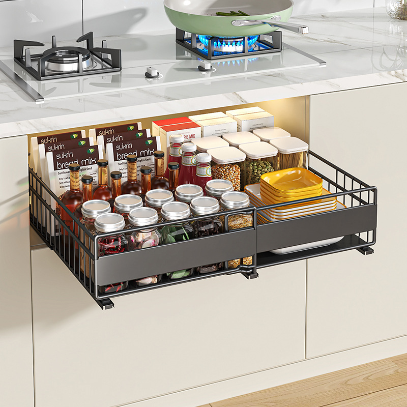 Kitchen Seasoning and Utensil Storage Basket, Extendable Pull-Out Drawer-Style Storage Basket for Cabinets, No-Drill Storage Rack for Wardrobe