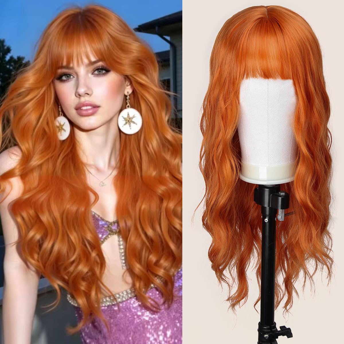 Ginger Orange Wig with Bangs 26 Inch Long Curly Wavy Wigs for Women Begineer-friendly Synthetic Wig for Daily Party Holiday Use