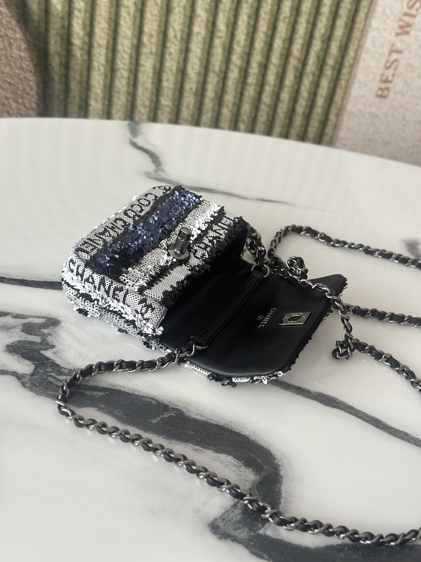 24C25C Mini Classic Flap Bag (AS4561) in Black & White Striped Hand-Embroidered Sequins with COCO Logo & Light Gold-Tone Hardware - Mocuir